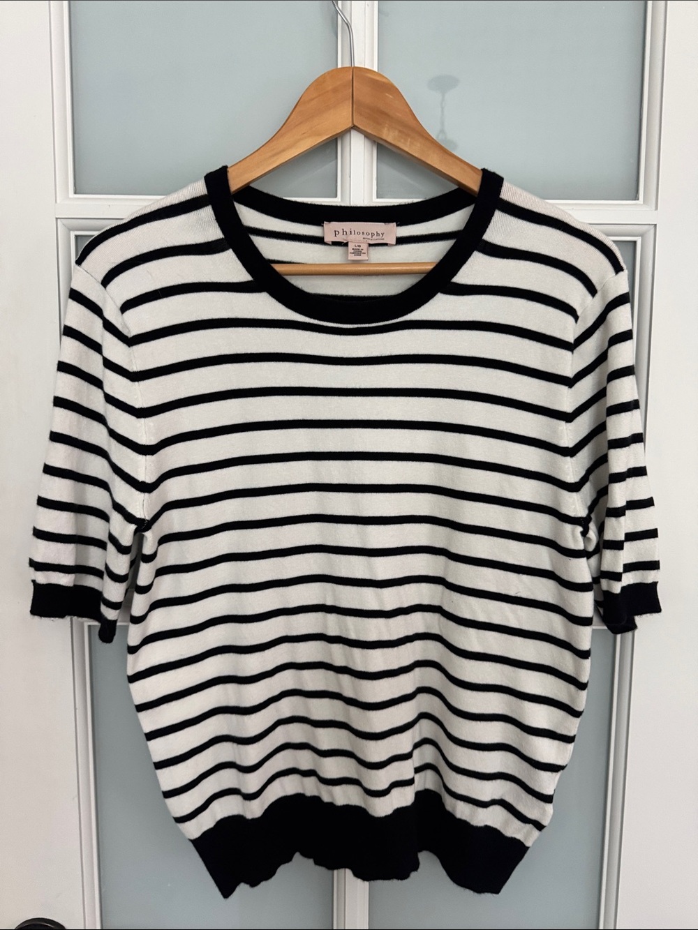 Philosophy Black and White Striped Short Sleeve Knit Top
